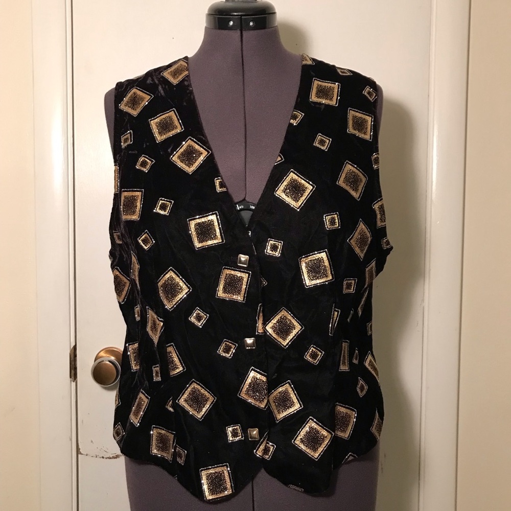 Vintage Bedford Fair Women’s Black Velvet Vest W/ Gold & Silver Glitter Size L